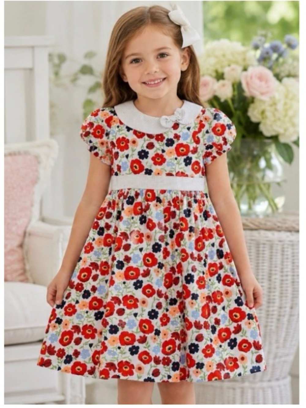 Girl's Janie and Jack Floral Fit & Flare Poplin Dress Red 2T